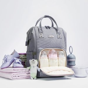 Modern Quilted Diaper Bag Backpack with USB Port & Stroller Straps