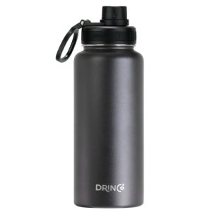 Reusable black water bottle with leak-proof lid for eco-friendly hydration.