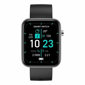 Smartwatch with wellness and activity tracking features, black strap, digital display.