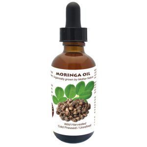 Organic Moringa Seed Oil in a glass dropper bottle with label.
