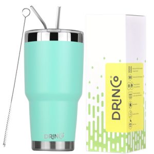 DRINCO 30oz teal insulated tumbler with spill-proof lid and two straws.
