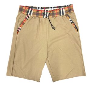 Checkered detail shorts with beige fabric and patterned waistband for casual wear.