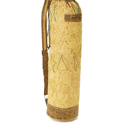 Handcrafted yellow yoga bag with embroidered patterns and brown accents.