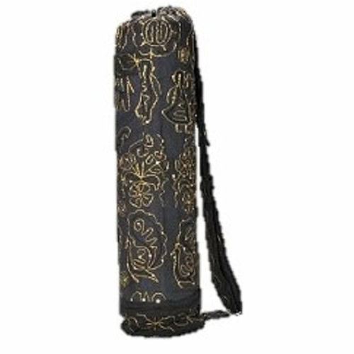 Handcrafted yoga bag with black and gold intricate patterns for stylish yoga accessories.