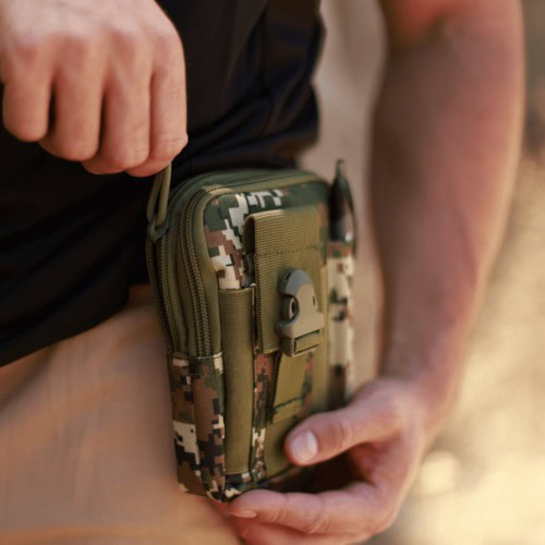 Camouflage tactical pouch with multiple compartments and hook for outdoor gear.