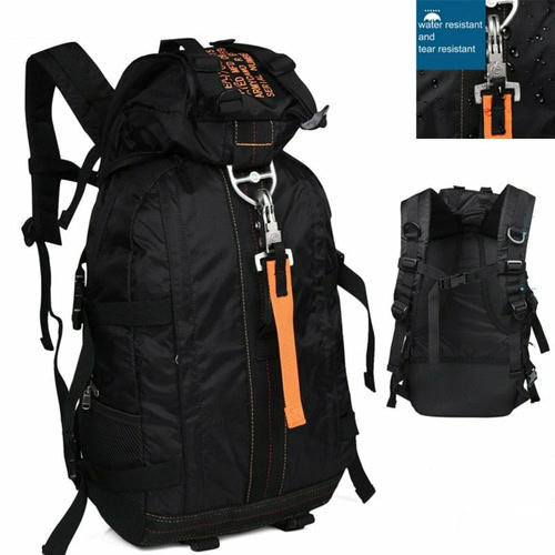 Durable black hiking backpack with water-resistant features and multiple compartments.