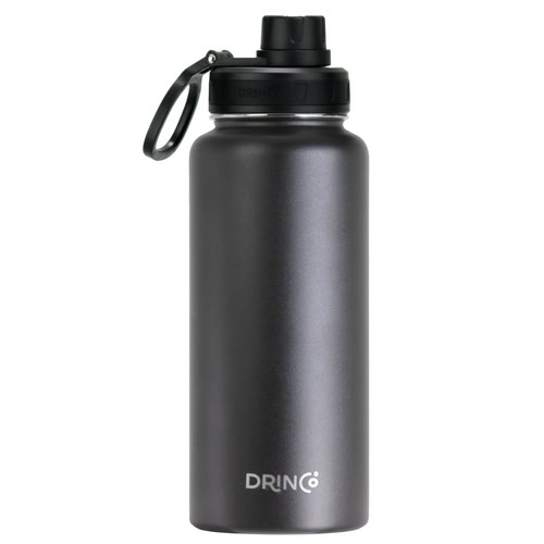 Black stainless steel water bottle with leak-proof lid and carrying loop.