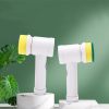 Eco-friendly cleaning tools with sponge heads on green background.