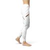Women's white leggings with stylish cutouts and stripe patterns for active wear.