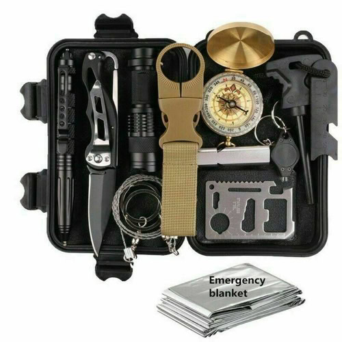 Comprehensive emergency survival kit with compass, flashlight, knife, and accessories in a black box.