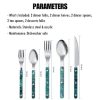 Set of stainless steel and acrylic dinner utensils with measurements for each piece.